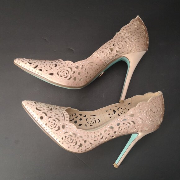 Betsey Johnson Emili Ladies Size 7M Rose Gold Stilettos w/Rhinestones & Cut Outs - Picture 2 of 8